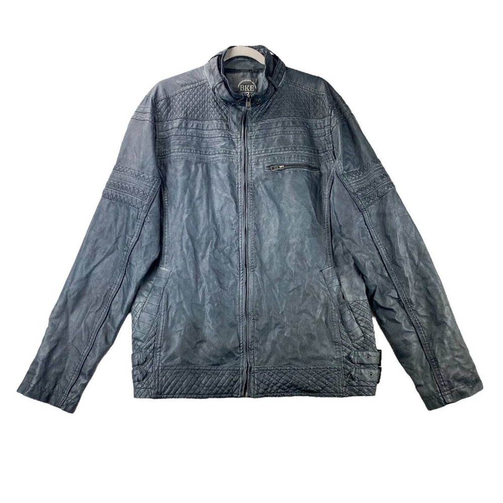 BKE Mens Bomber Biker Faux Leather Full Zip Jacket Black Gray Size Large